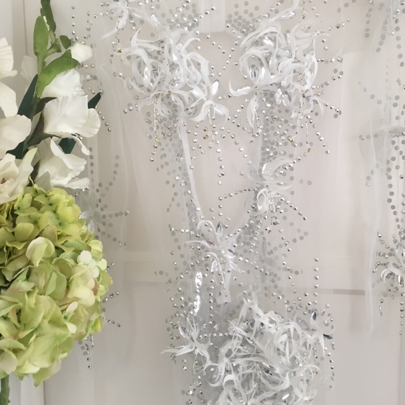 WHITE ANGEL DRESS HAND BEADED FEATHER COUTURE GOWN - Picture 7 of 16